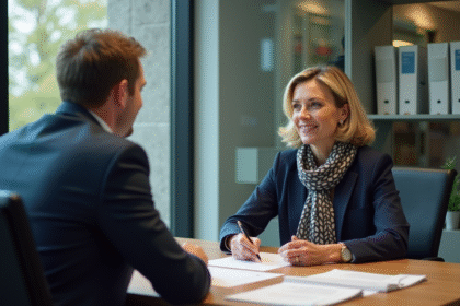 Femme d'âge moyen en blazer navy et foulard dans un bureau bancaire