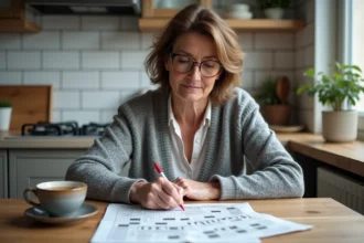 Femme d'âge moyen lisant un journal avec mots croisés