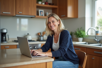 Femme d'âge moyen travaillant sur son ordinateur dans la cuisine