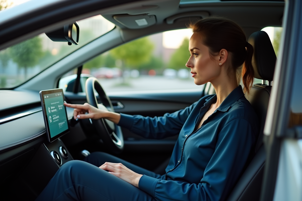 Femme regardant le tableau de bord d