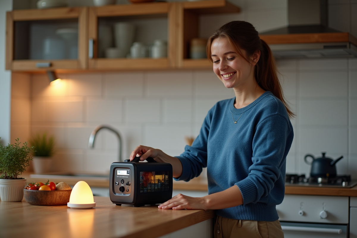 Femme montrant un generateur à manivelle dans la cuisine