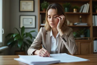 Femme en blazer blanc examinant un contrat de mortgage