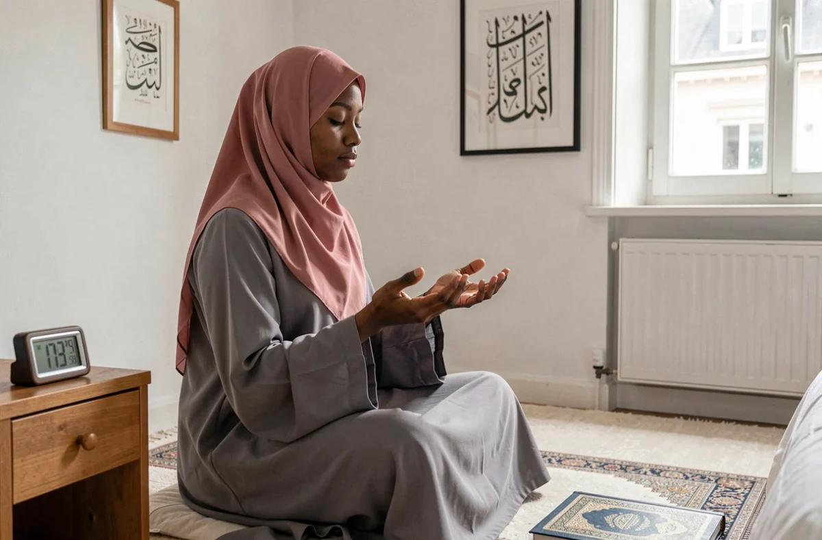 Jeune femme musulmane en supplication dans sa chambre à Roubaix, vérifiant l'heure de prière