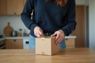 Femme emballant un colis dans la cuisine moderne