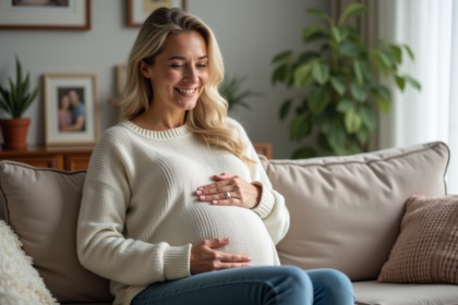 Femme enceinte souriante dans un salon chaleureux