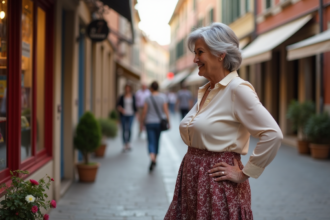 Femme de 60 ans élégante dans une rue pavée européenne
