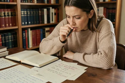 Femme concentrée qui hésite sur l'orthographe d'un verbe conjugué dans un cahier de grammaire française