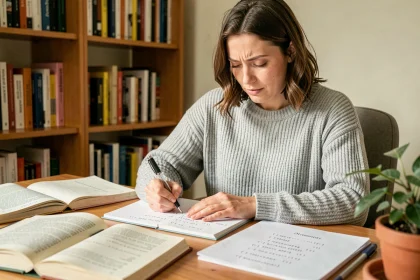 Femme consultant un livre de grammaire française pour comprendre l'utilisation correcte des parenthèses