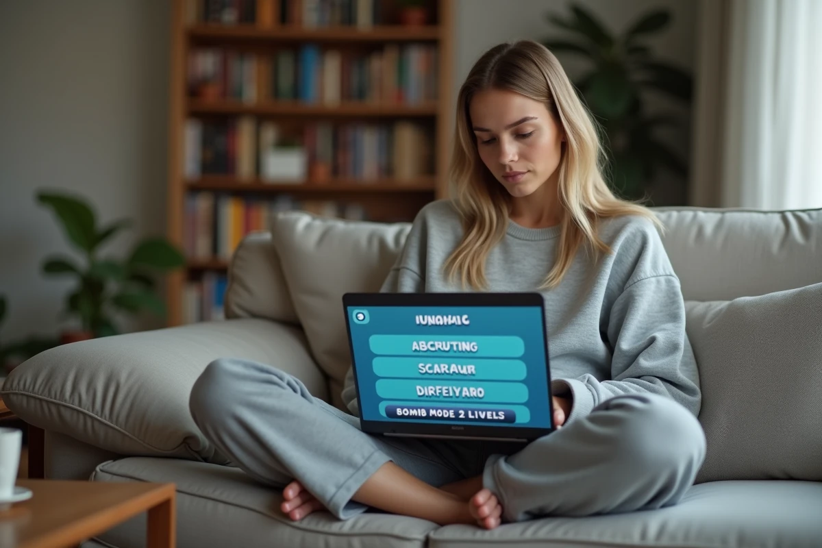 Femme jouant à un jeu de stratégie bombe en ligne sur un ordinateur portable depuis son salon confortable