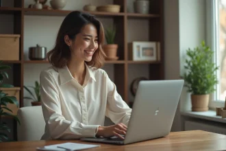 Jeune femme souriante utilisant un ordinateur portable avec un emoticon