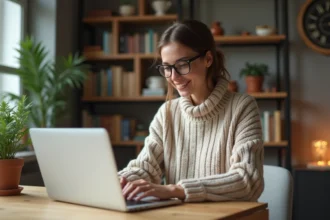Femme souriante utilisant un ordinateur pour personnaliser un jeu Motus dans un salon moderne