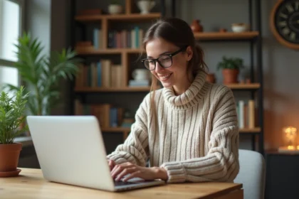 Femme souriante utilisant un ordinateur pour personnaliser un jeu Motus dans un salon moderne