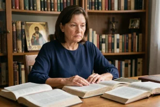 Femme lisant des livres religieux orthodoxes, protestants et catholiques pour choisir sa voie spirituelle