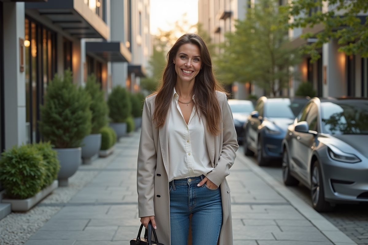 Femme millenial souriante devant sa maison moderne