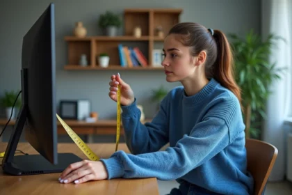 Jeune femme mesure un écran LED avec un ruban