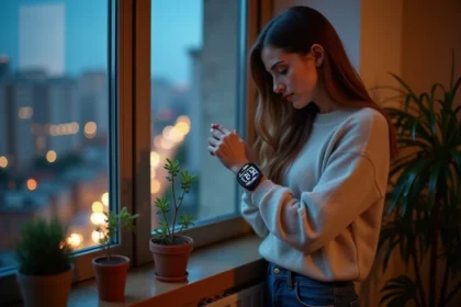 Jeune femme regardant sa montre dans un appartement cosy