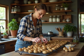 Femme préparant des morilles fraîches dans une cuisine chaleureuse