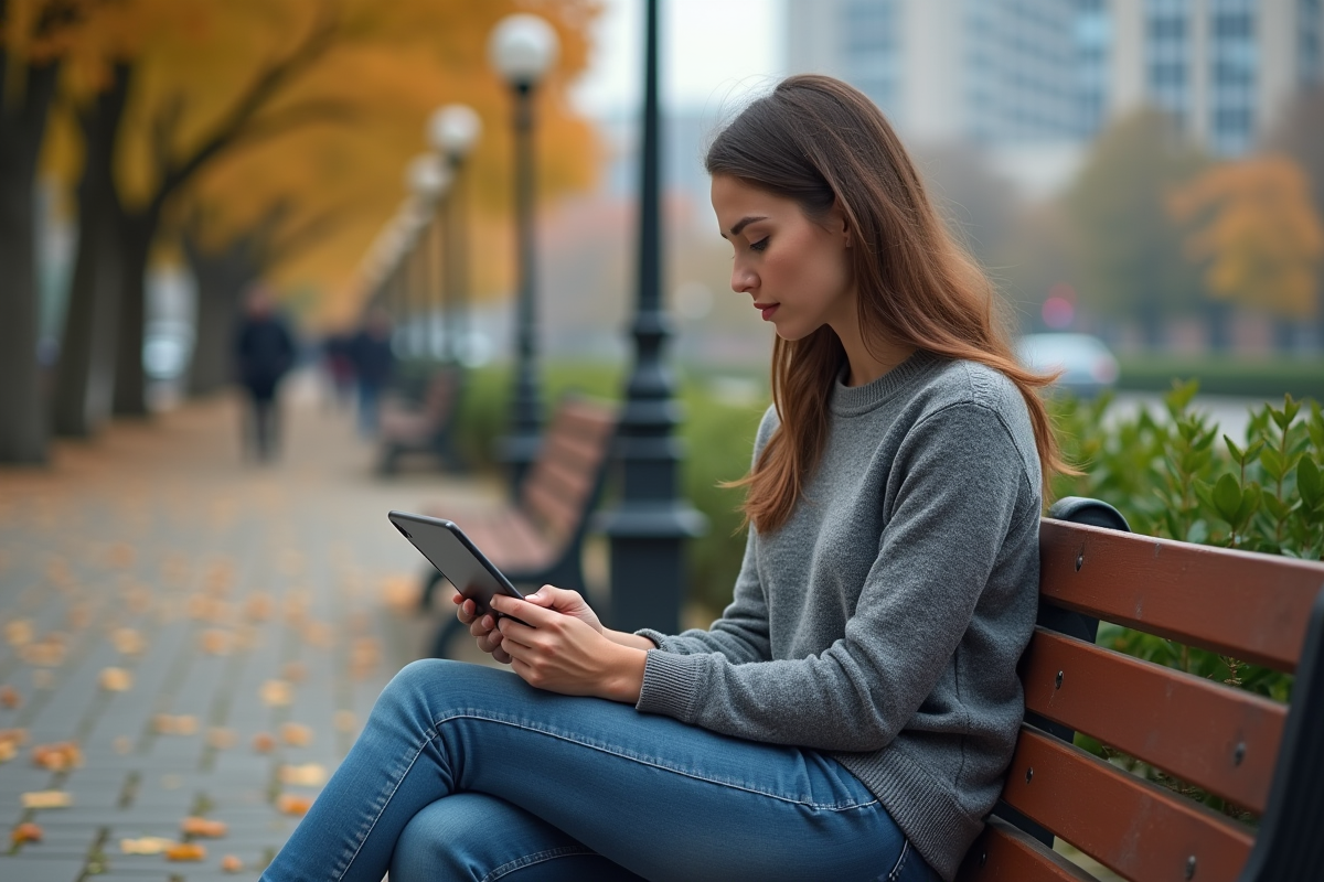 Jeune femme sur un banc de parc regardant une tablette