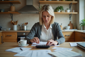 Femme d'âge moyen organise des papiers dans la cuisine