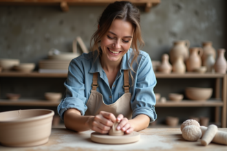 Femme souriante avec kit de poterie en intérieur
