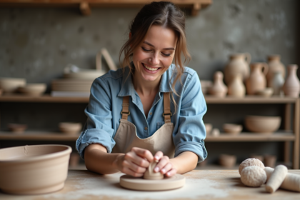 Femme souriante avec kit de poterie en intérieur