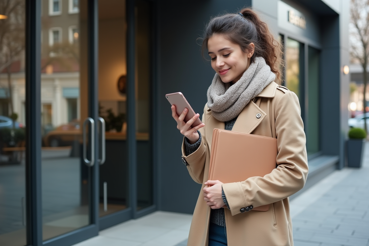 Jeune femme vérifie son smartphone devant une banque urbaine