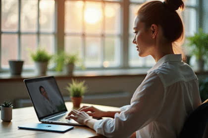 Jeune femme professionnelle regardant son profil digital sur un laptop