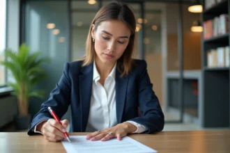 Femme professionnelle relisant une lettre au bureau