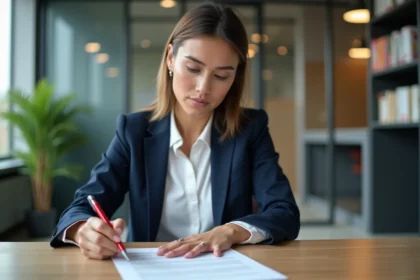 Femme professionnelle relisant une lettre au bureau