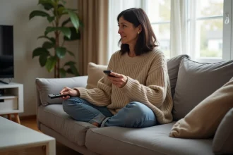 Femme en pull beige tenant une télécommande et regardant les nouveautés du programme télé de l'après-midi en 2026