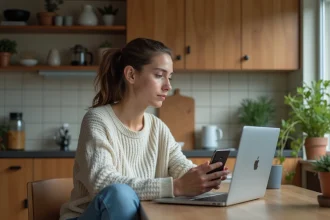 Jeune femme concentrée à la recherche en cuisine