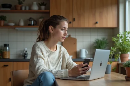 Jeune femme concentrée à la recherche en cuisine