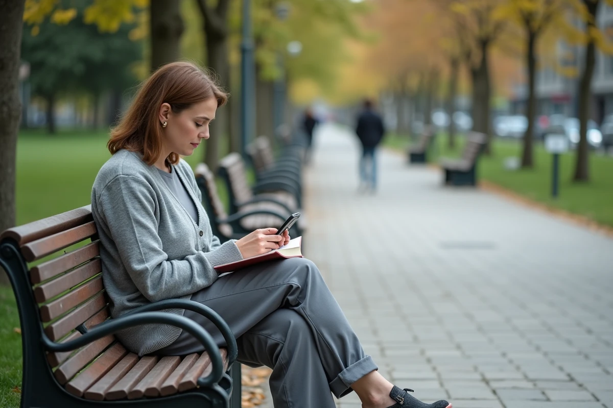 Femme assise dans un parc avec smartphone et livre