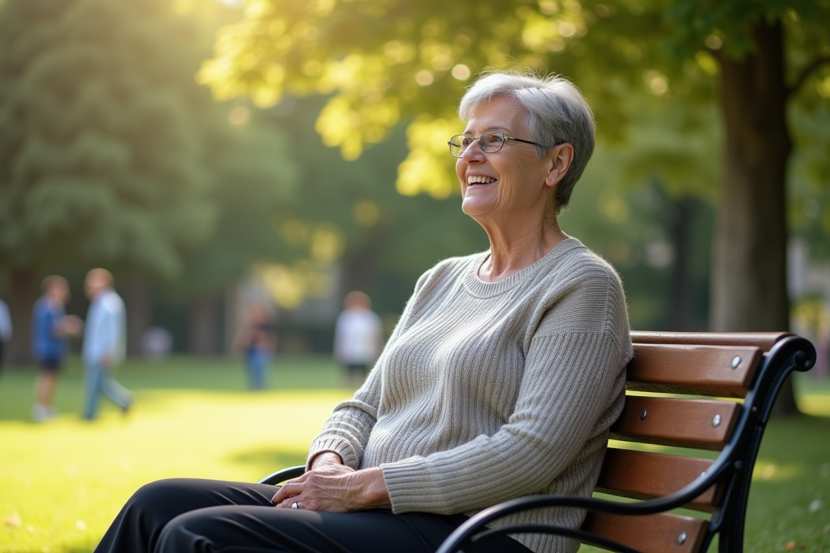 Femme de 60 ans assise dans un parc ensoleille