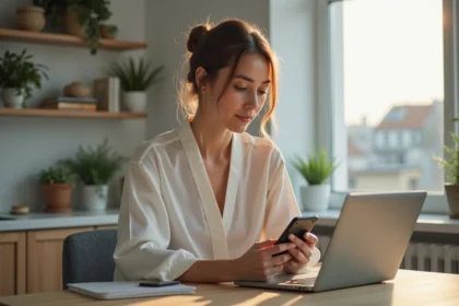 Femme en cuisine lumineuse avec smartphone et ordinateur