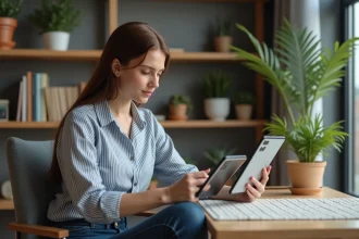 Jeune femme compare deux tablettes avec écrans de tailles différentes
