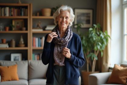 Femme de 65 ans en cardigan navy et foulard élégant