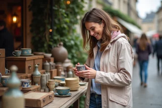 Femme souriante en raincoat pastel au marché aux puces