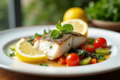 Filet de poisson vapeur avec citron et herbes fraîches