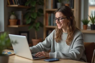 Jeune femme lisant des indices sur son ordinateur portable