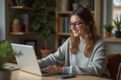 Jeune femme lisant des indices sur son ordinateur portable