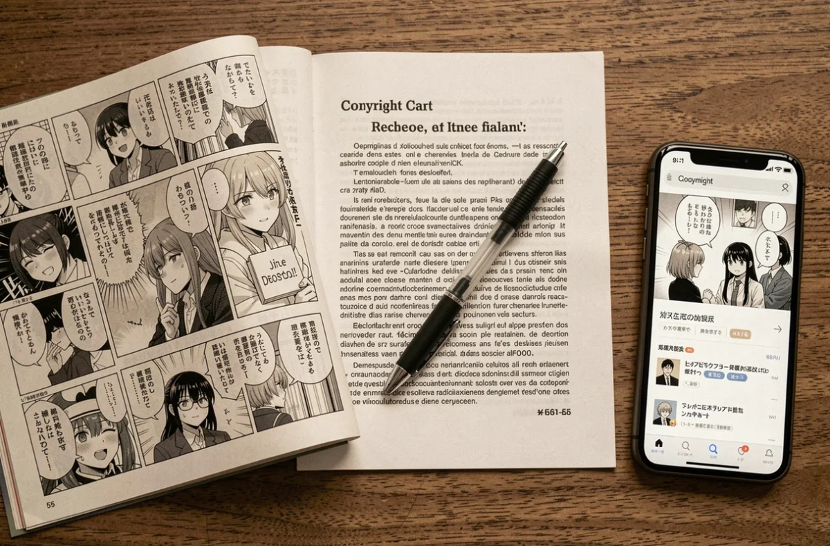 Vue en plongée d'un manga ouvert, un document légal sur les droits d'auteur et un smartphone affichant un site de scans, illustrant le débat juridique autour de Phénix Scans