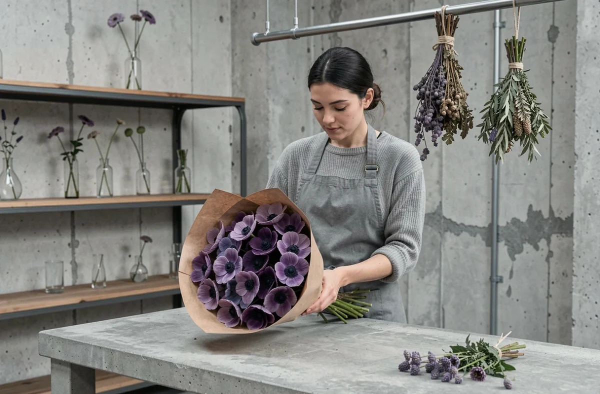 Fleuriste de Fleur K à Nancy enveloppant un bouquet d'anémones violettes dans un studio floral minimaliste au style industriel