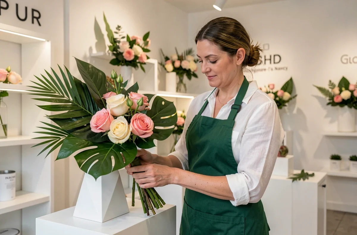 Fleuriste femme arrangeant un bouquet moderne dans la boutique Fleurs et Tendances à Vandœuvre-lès-Nancy