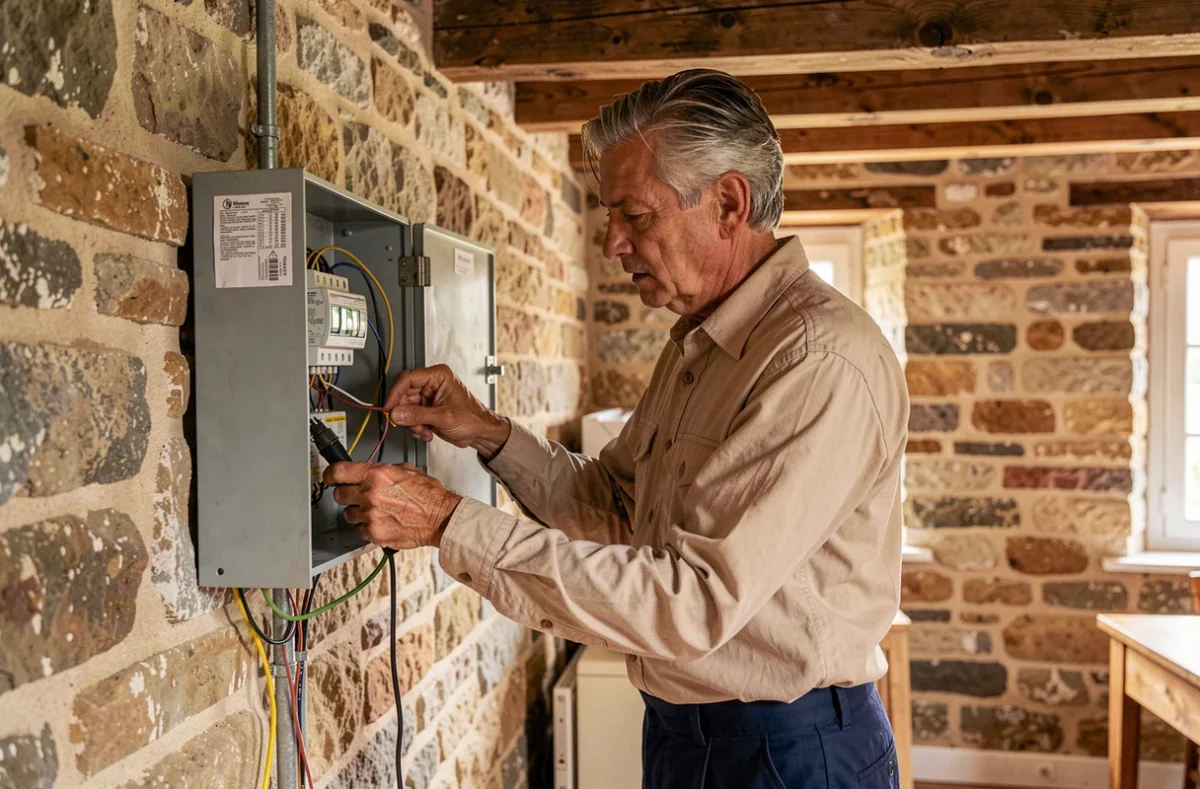 Électricien de Foliot Electricité remettant en état un ancien tableau électrique dans une maison en pierre traditionnelle normande