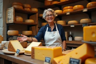 Fromagère espagnole derrière un comptoir de fromages traditionnels dans un marché de Madrid, illustrant le vocabulaire du fromager en espagnol
