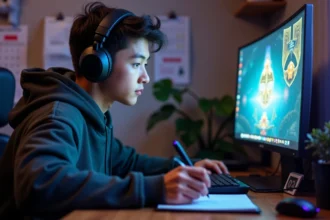 Jeune homme gamer concentré sur son ordinateur avec casque
