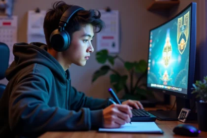 Jeune homme gamer concentré sur son ordinateur avec casque
