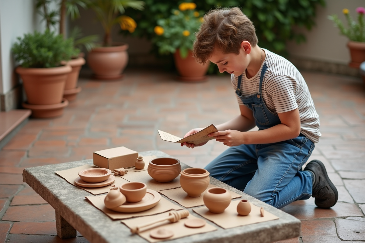 Garçon regardant différents kits de poterie en extérieur