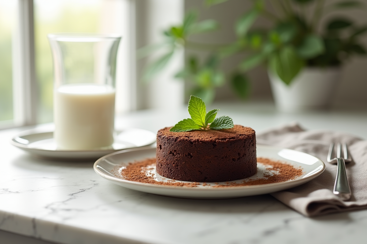 Gâteau au chocolat sans levure avec menthe fraîche sur assiette moderne